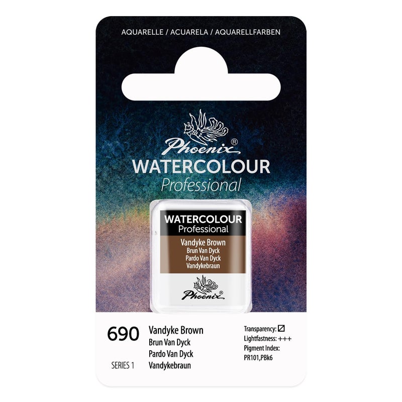PHOENIX Professional Watercolor Paint - Single Watercolor Half Pan - Vandyke Brown 690 - Image 1